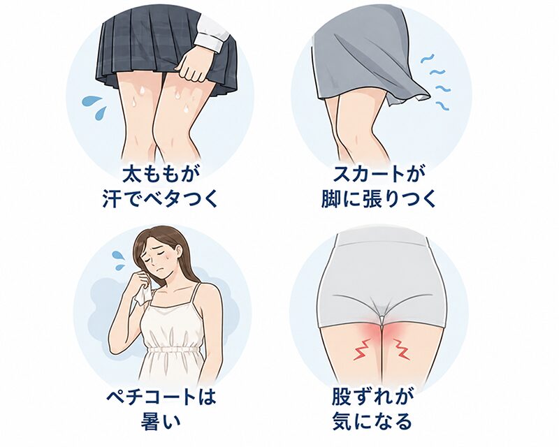 高島ちぢみのペチパンツがスカート下の悩みを解決（太ももが汗でべたつく、スカートが脚にはりつく、暑い、股ズレが気になる）